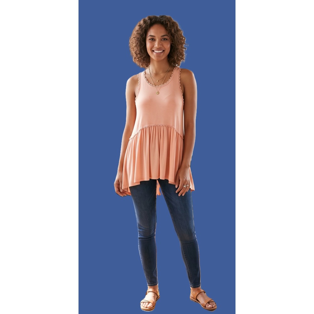NWT POL Peach Babydoll Tank Top Crochet Lace Trim Racerback Zipper Small